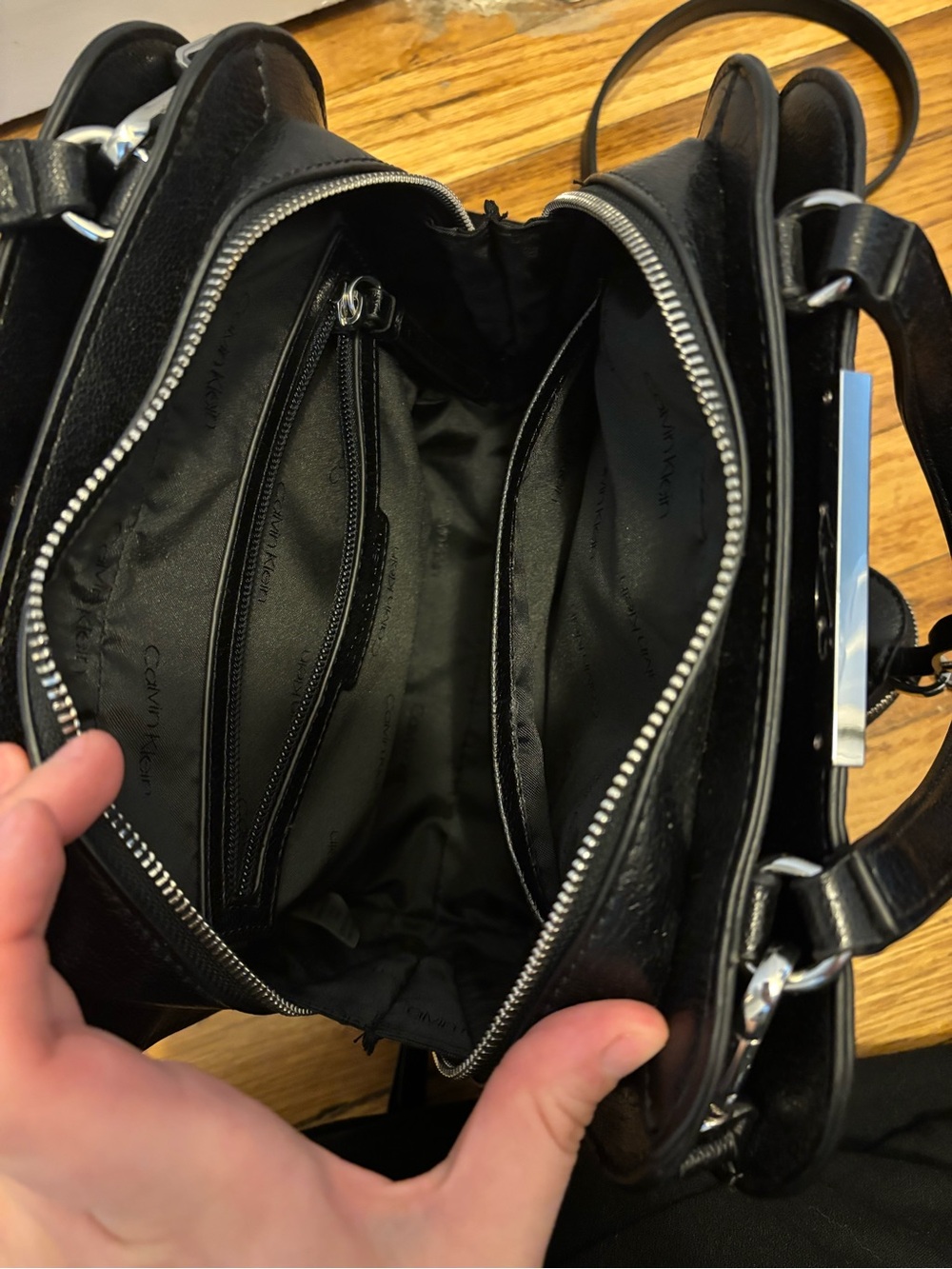NWOT Calvin Klein Black Leather Top-Handle/ Crossbody Bag with small charm - Picture 11 of 14